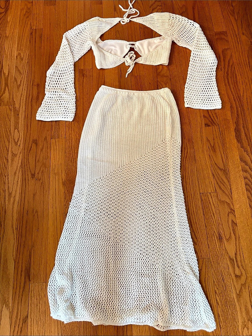 Tiger Mist Sasha Crochet Set White Maxi Skirt Set XS